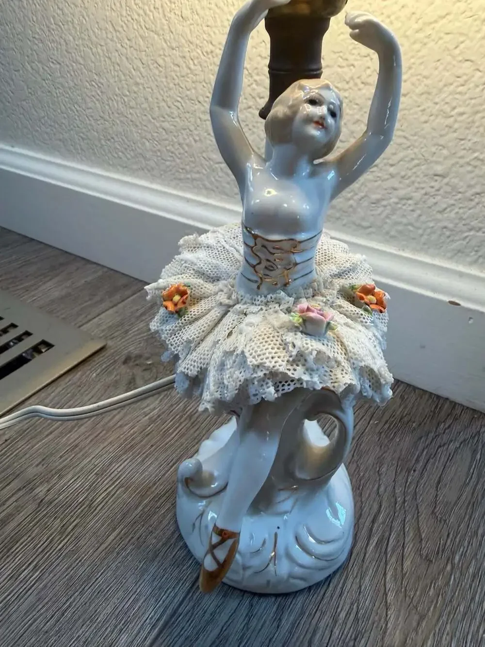 Vintage Dresden Style Porcelain Ballerina Figurine Table Lamp with Lace Tutu